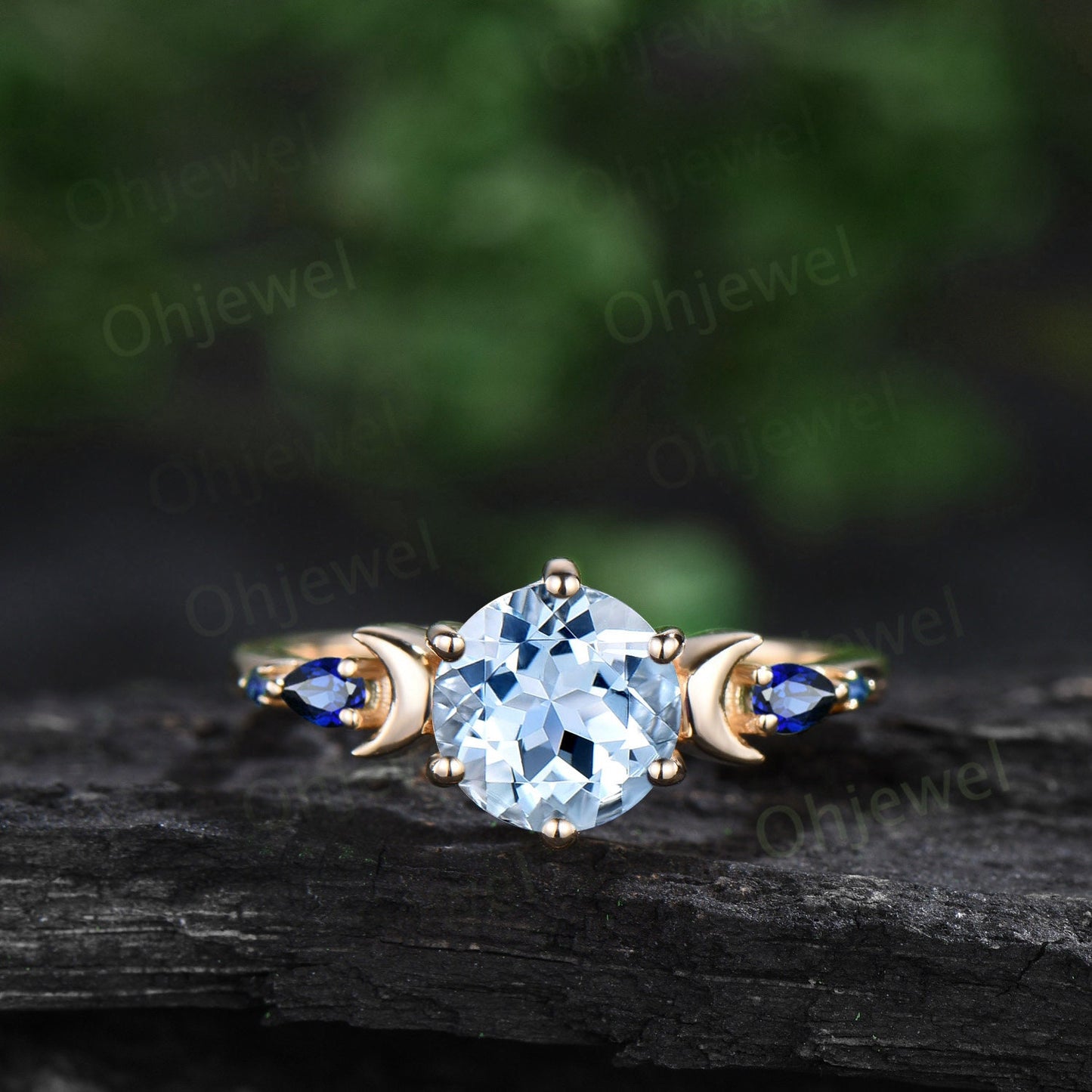 Round cut aquamarine ring vintage yellow gold five stone moon unique engagement ring sapphire bridal wedding ring set women jewelry gift