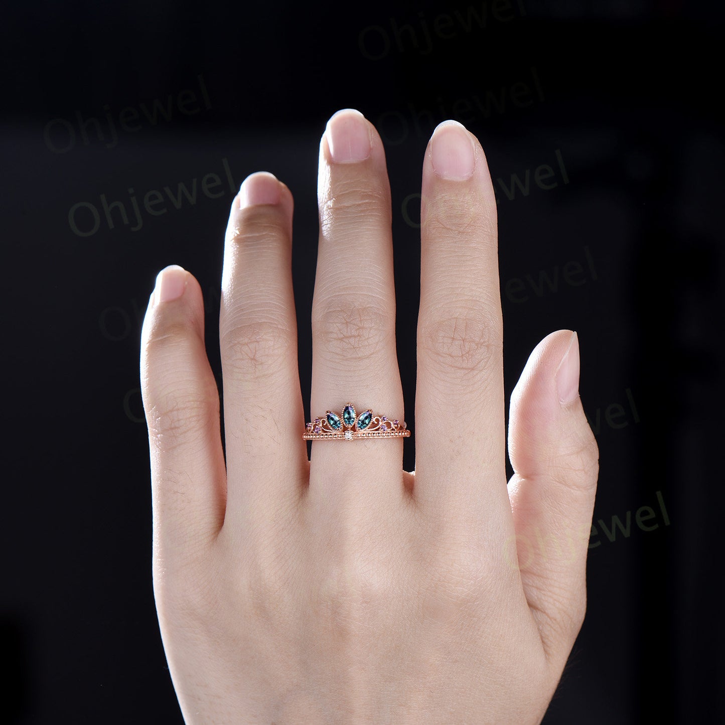 Crown marquise alexandrite wedding band rose gold antique amethyst ring women vintage stacking anniversary ring gift