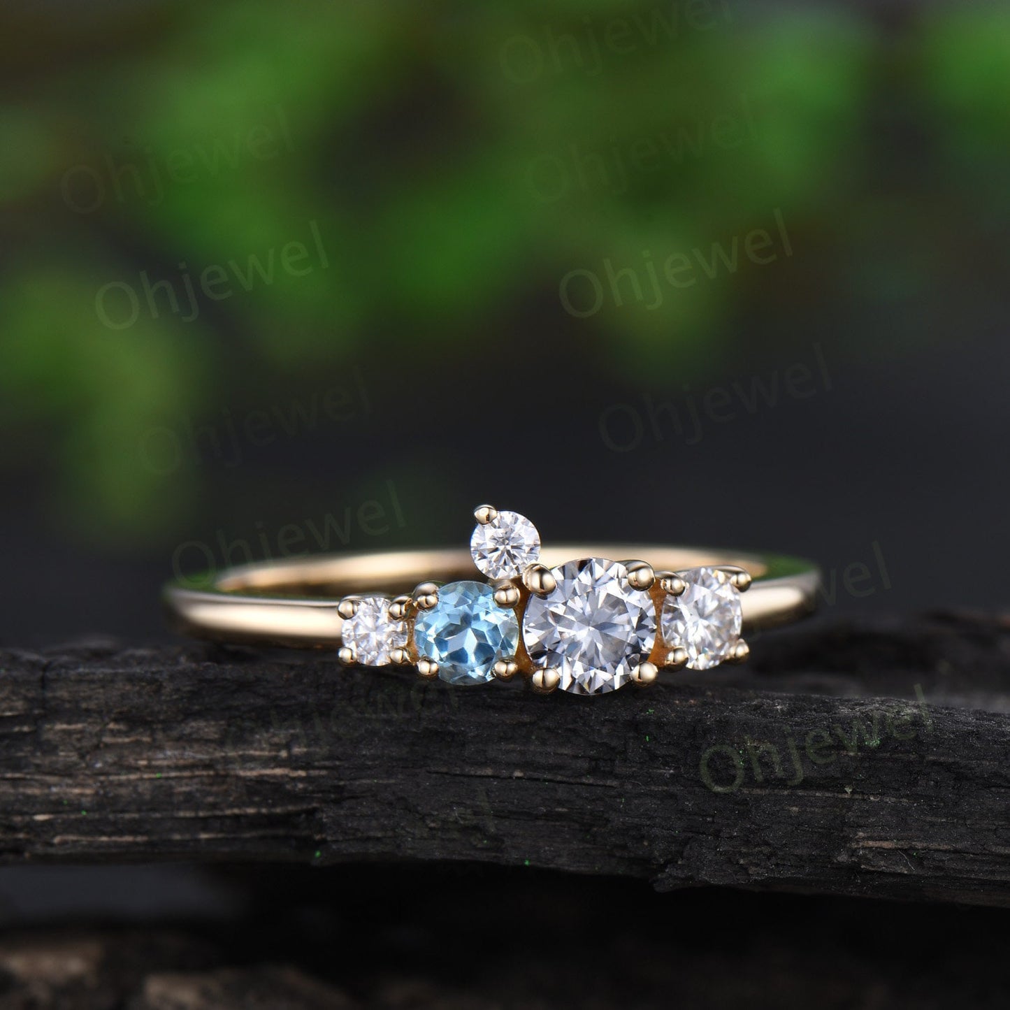 Dainty round cut gray moissanite ring yellow gold Swiss blue topaz cluster unique engagement ring women Multi-Stone anniversary ring gift