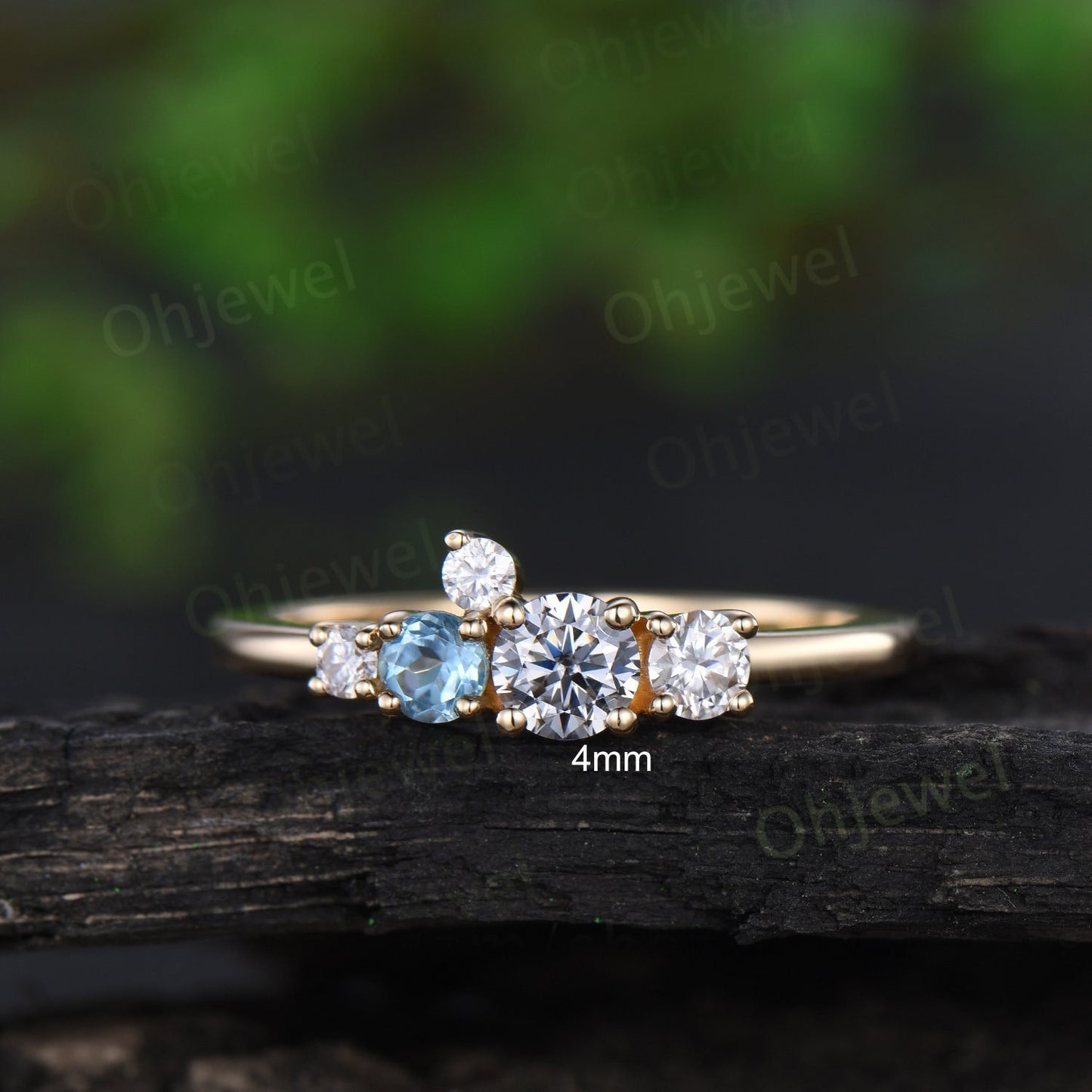 Dainty round cut gray moissanite ring yellow gold Swiss blue topaz cluster unique engagement ring women Multi-Stone anniversary ring gift