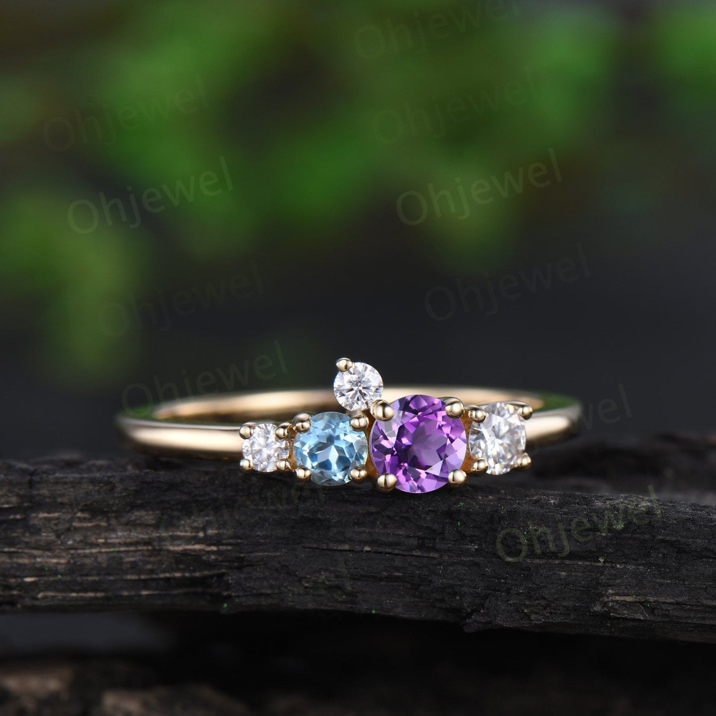 Dainty round cut purple amethyst ring yellow gold Swiss blue topaz cluster unique engagement ring women Multi-Stone anniversary ring gift