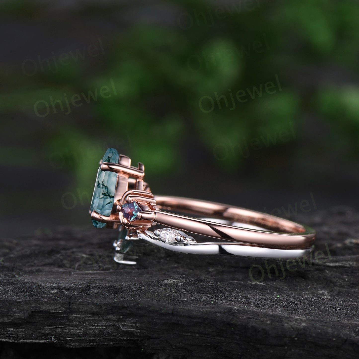 Vintage kite cut moss agate alexandrite engagement ring set rose gold three stone moon stacking bridal wedding ring set women jewelry gift