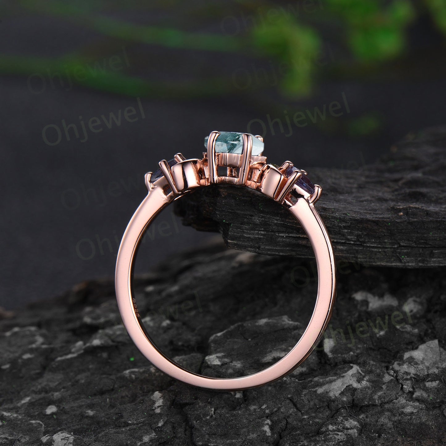 Vintage kite cut moss agate alexandrite engagement ring set rose gold three stone moon stacking bridal wedding ring set women jewelry gift