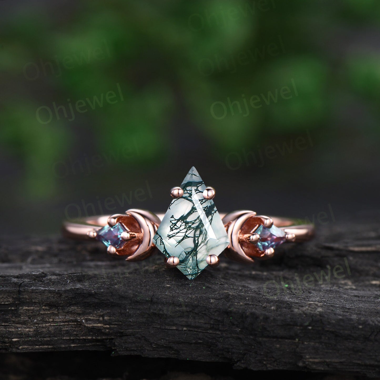 Vintage kite cut moss agate alexandrite engagement ring set rose gold three stone moon stacking bridal wedding ring set women jewelry gift
