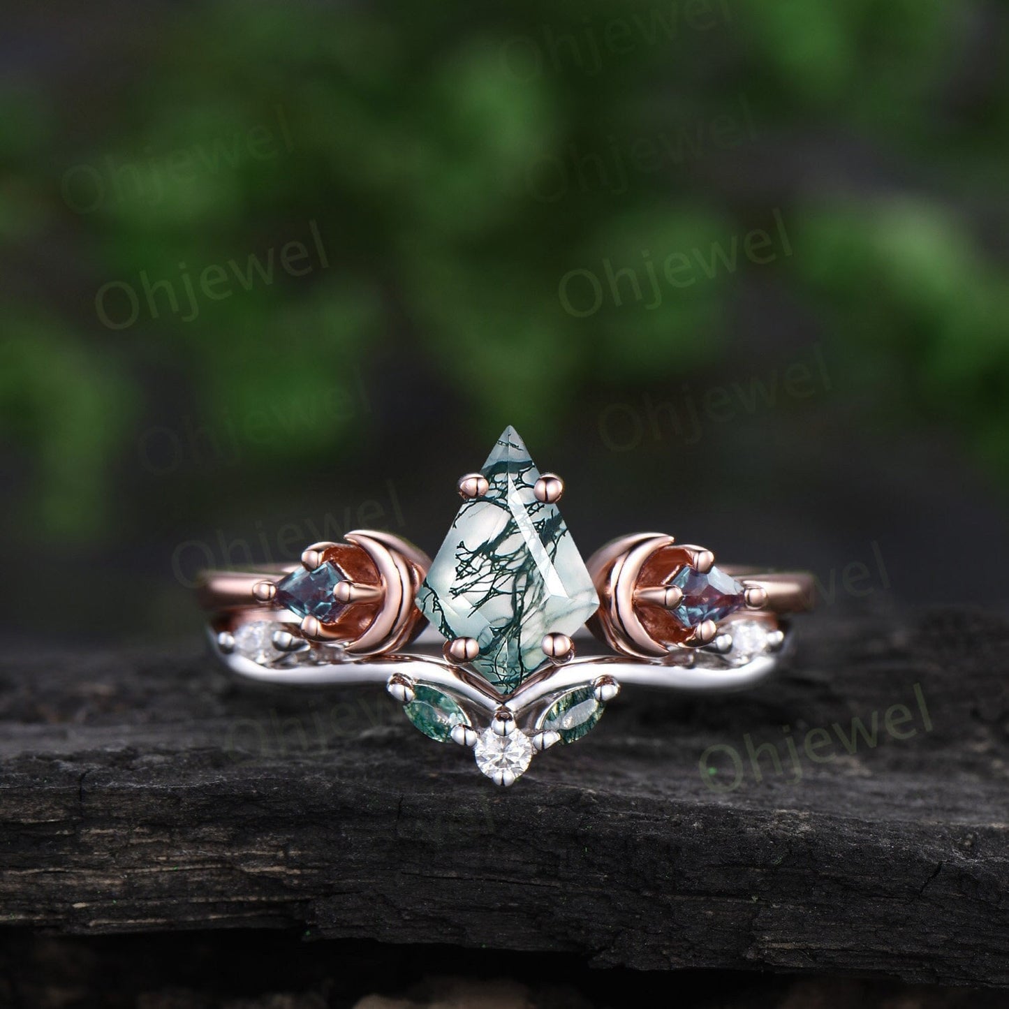 Vintage kite cut moss agate alexandrite engagement ring set rose gold three stone moon stacking bridal wedding ring set women jewelry gift
