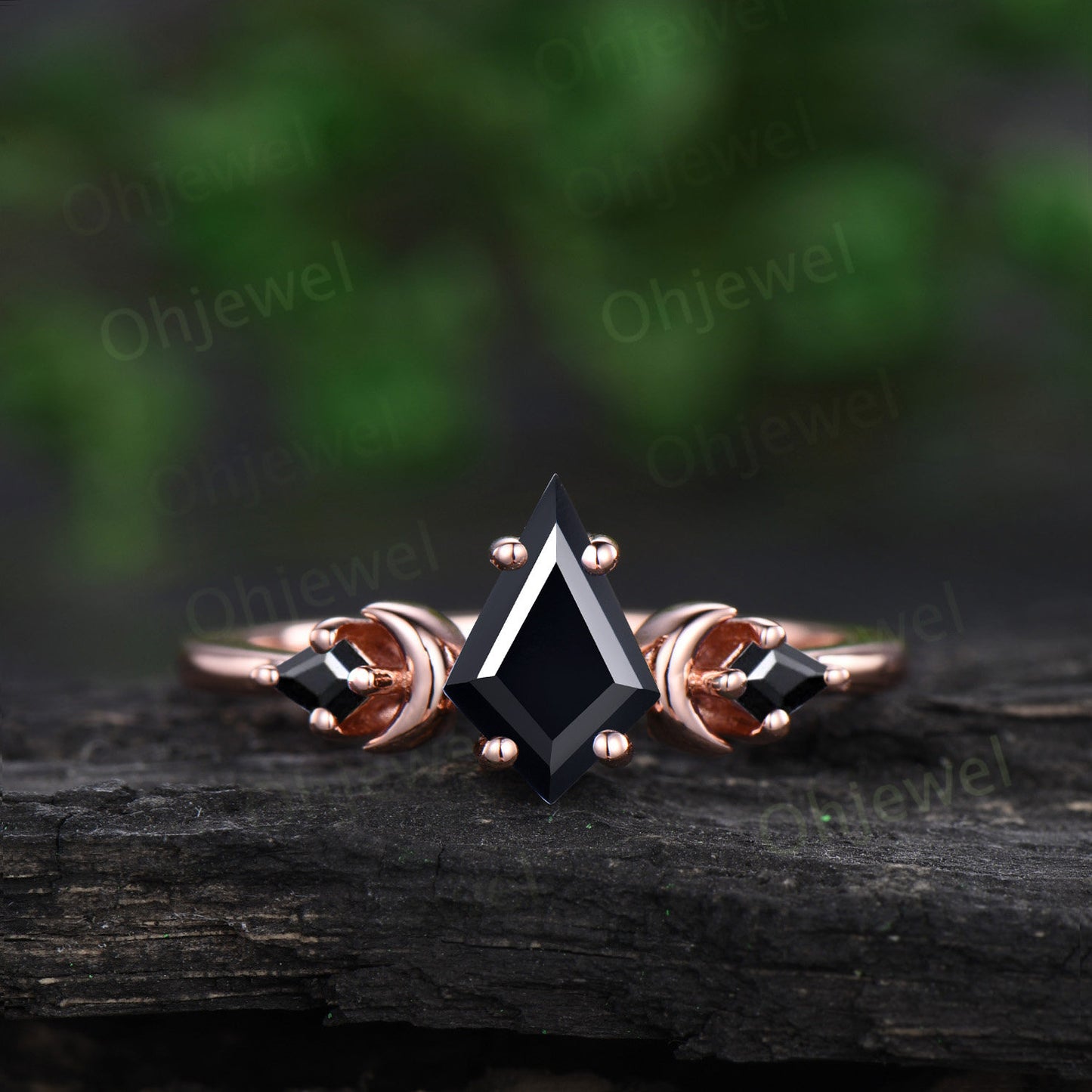 Vintage kite cut black onyx engagement ring set solid 14k rose gold three stone moon stacking bridal wedding ring set women jewelry gift