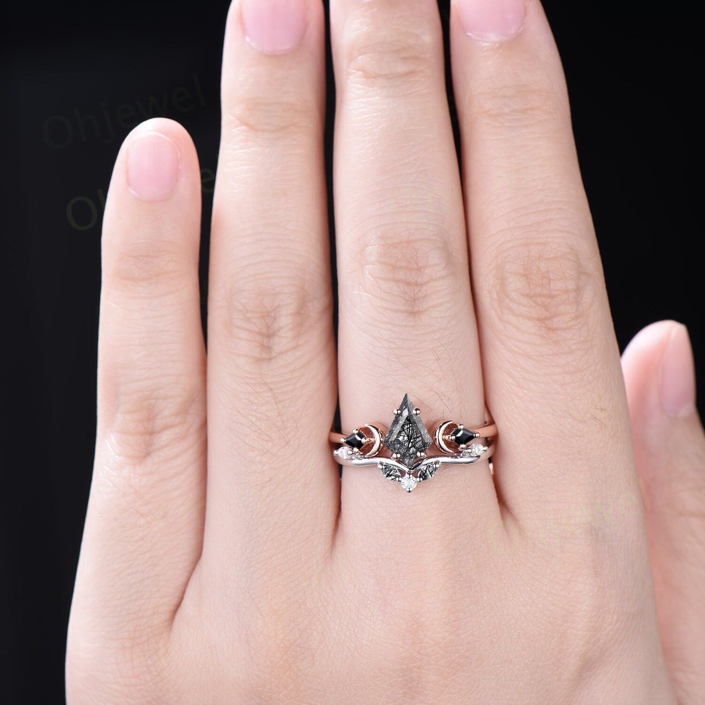 Vintage kite cut black rutilated quartz engagement ring set solid 14k rose gold three stone moon stacking bridal wedding ring set women gift