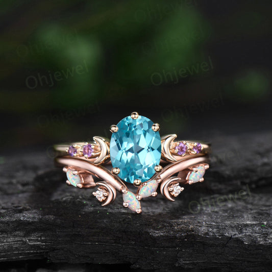 Oval cut Paraiba ring moon opal wedding ring set art deco five stone unique engagement ring women yellow gold anniversary ring gift