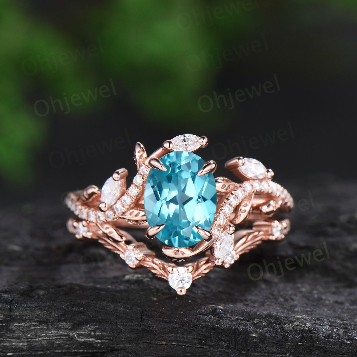 Unique oval cut Paraiba engagement ring white gold vintage cluster leaf half eternity twisted diamond wedding bridal ring set women gift
