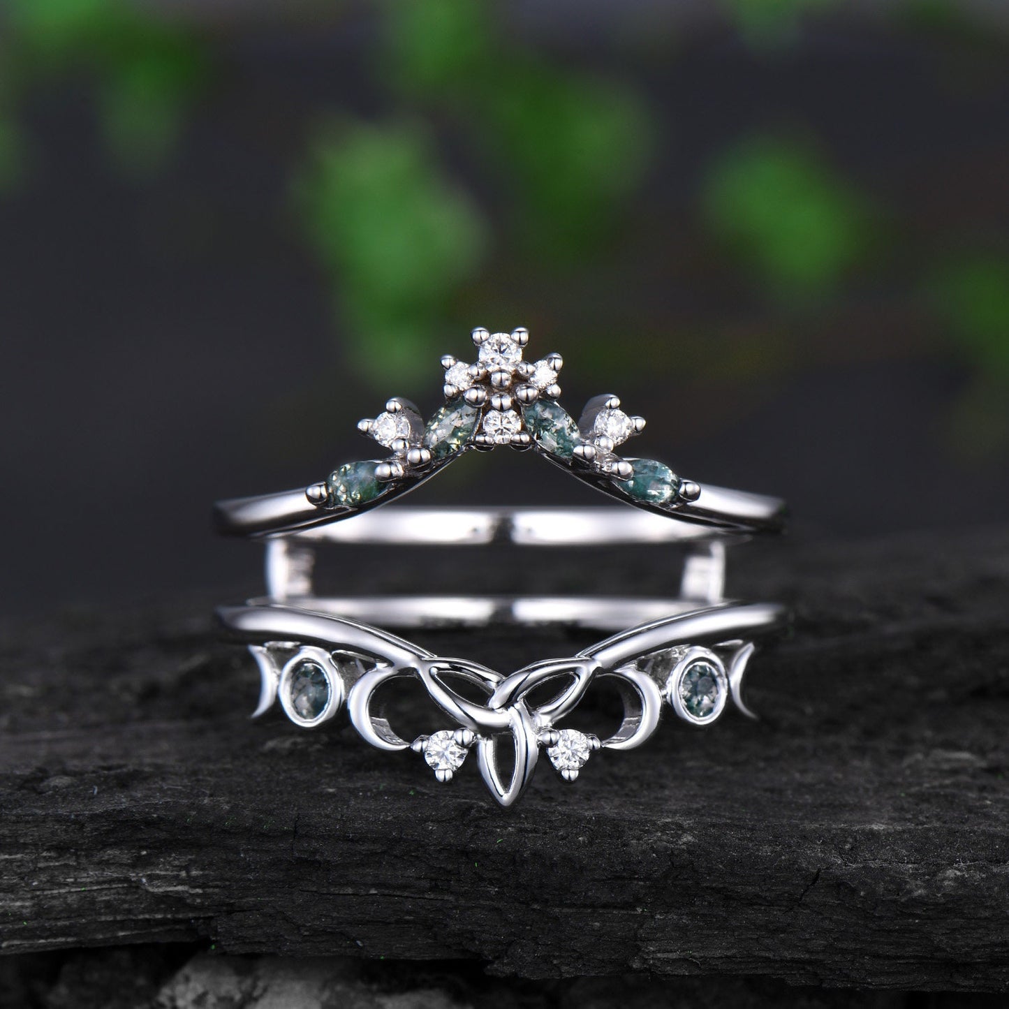 Double curved moss agate wedding band enhancer white gold moon cluster diamond wedding ring band women vintage anniversary gift