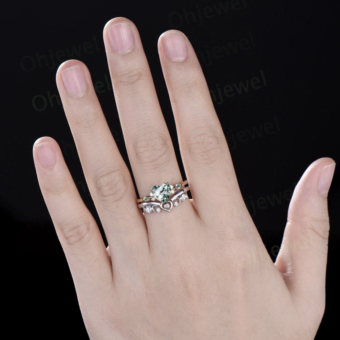 Vintage Heart shaped moss agate engagement ring yellow gold moon cluster diamond promise wedding bridal ring set women