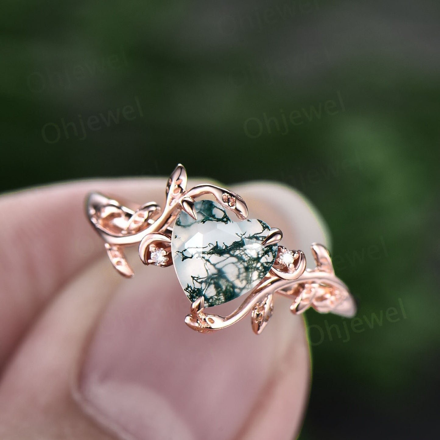 Vintage heart shaped moss agate engagement ring solid 14k rose gold three stone leaf moon diamond bridal wedding promise ring women gift