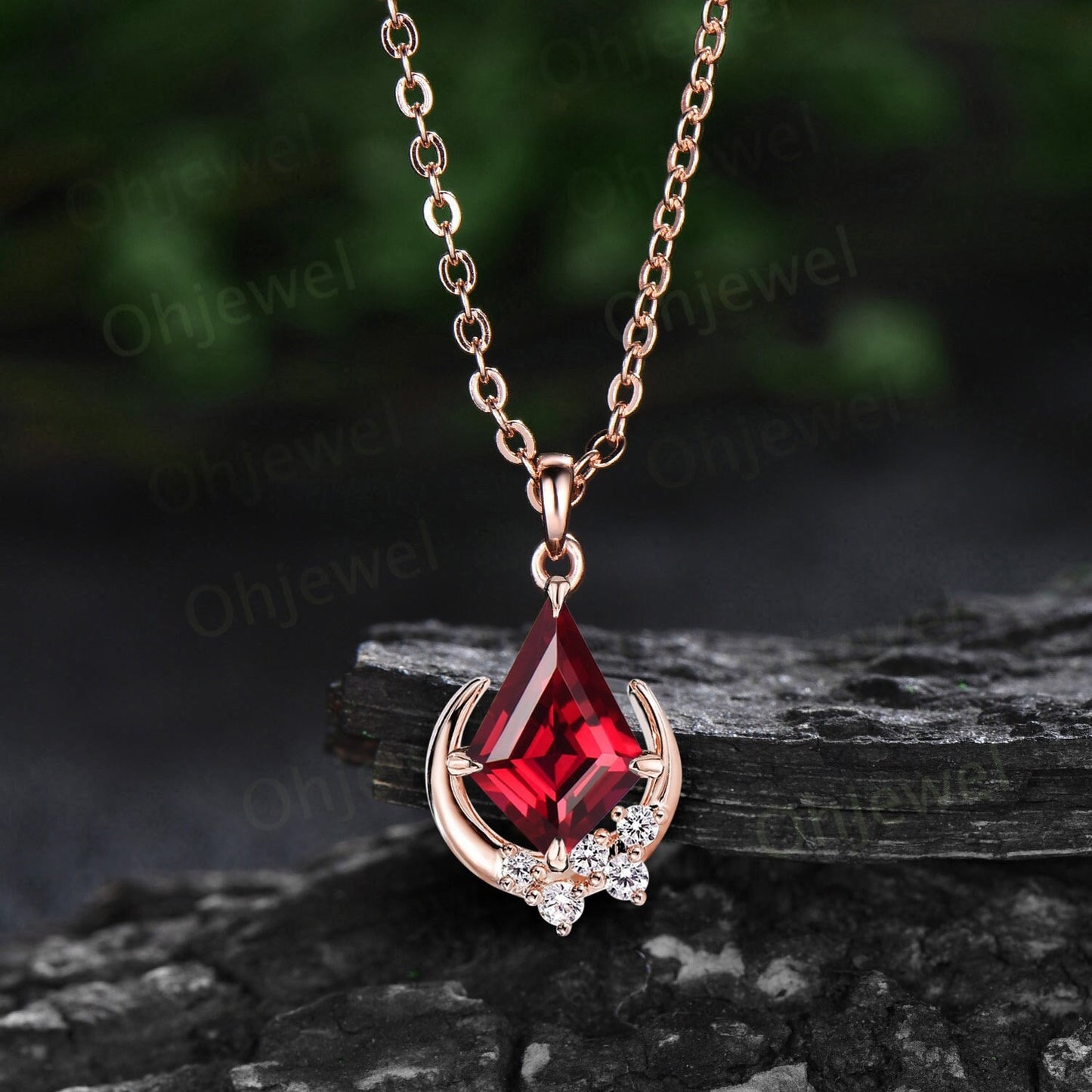 Kite cut red ruby necklace solid 14k rose gold unique moon necklace cluster diamond Pendant women gemstone mother anniversary gift