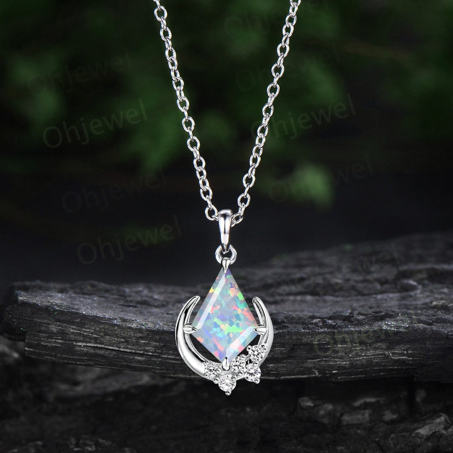 Kite cut white opal necklace solid 14k rose gold unique moon necklace cluster snowdrift diamond Pendant women wedding anniversary gift