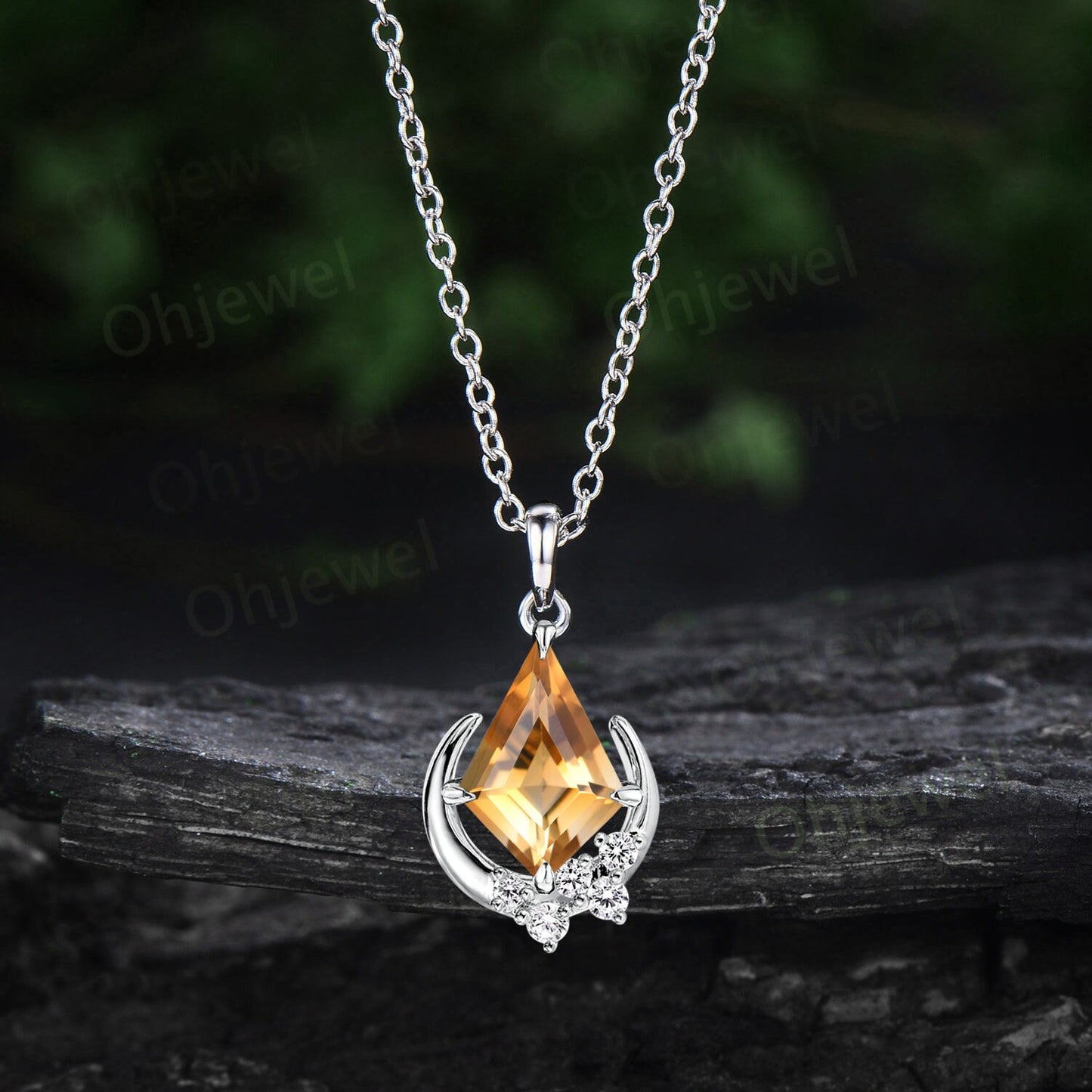 Vintage kite cut yellow citrine necklace rose gold crystal antique moon snowdrift diamond Pendant anniversary gift for women gemstone