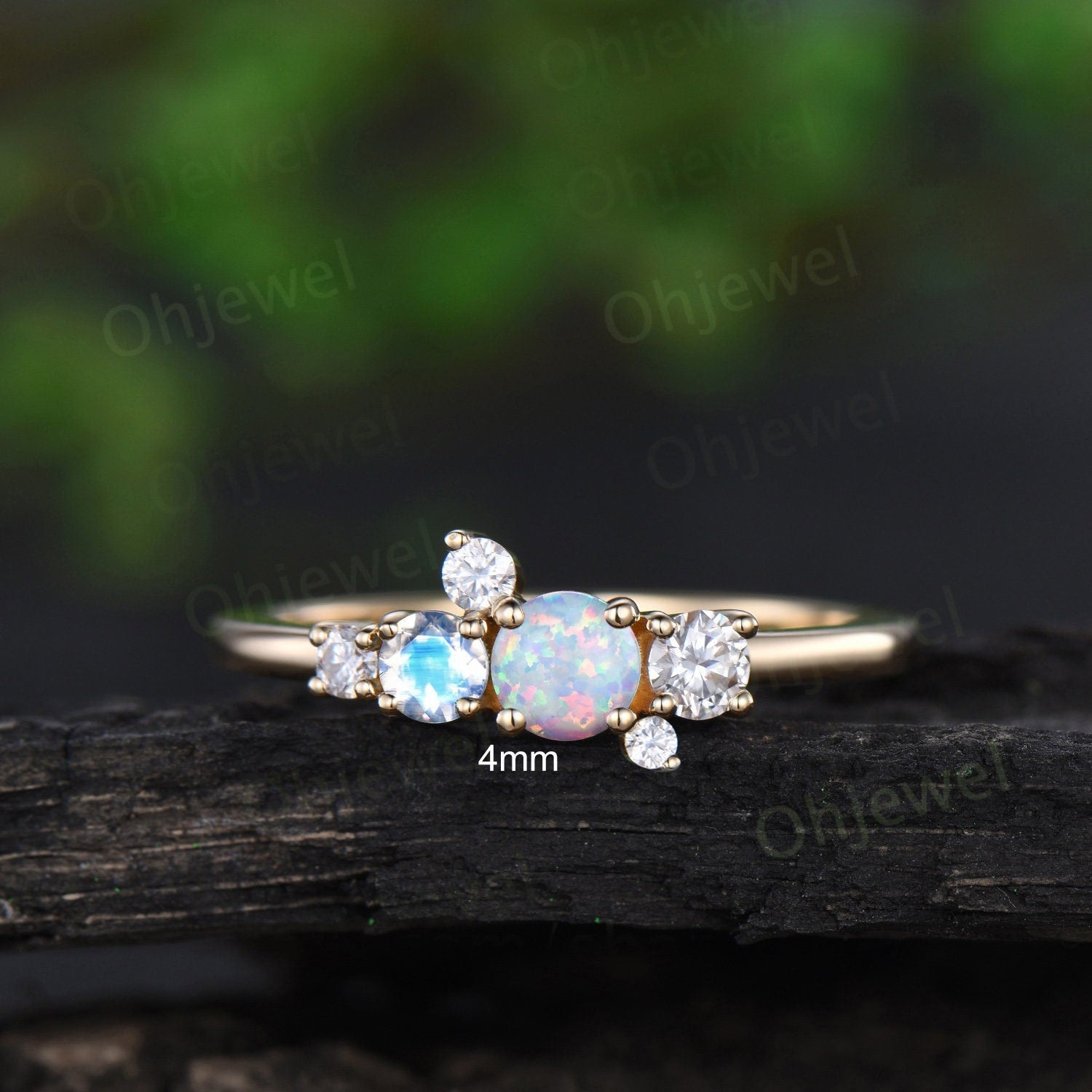 Dainty round white opal moonstone ring yellow gold cluster unique