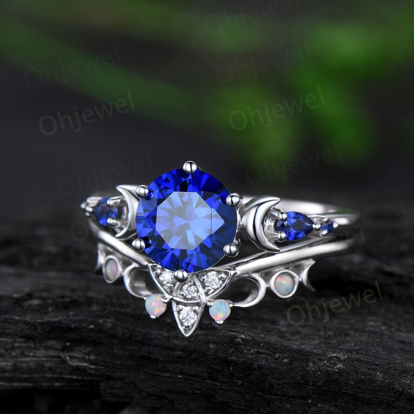 Vintage round cut blue sapphire engagement ring white gold five stone moon celtic knot opal stacking wedding anniversary ring set women