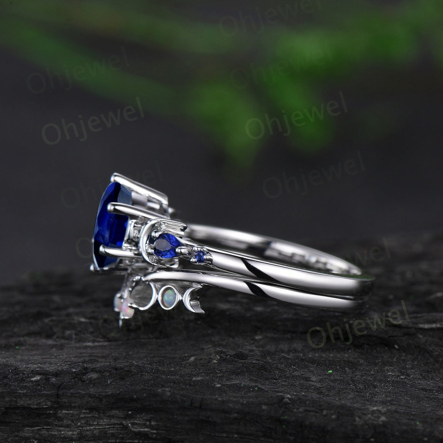 Vintage round cut blue sapphire engagement ring white gold five stone moon celtic knot opal stacking wedding anniversary ring set women