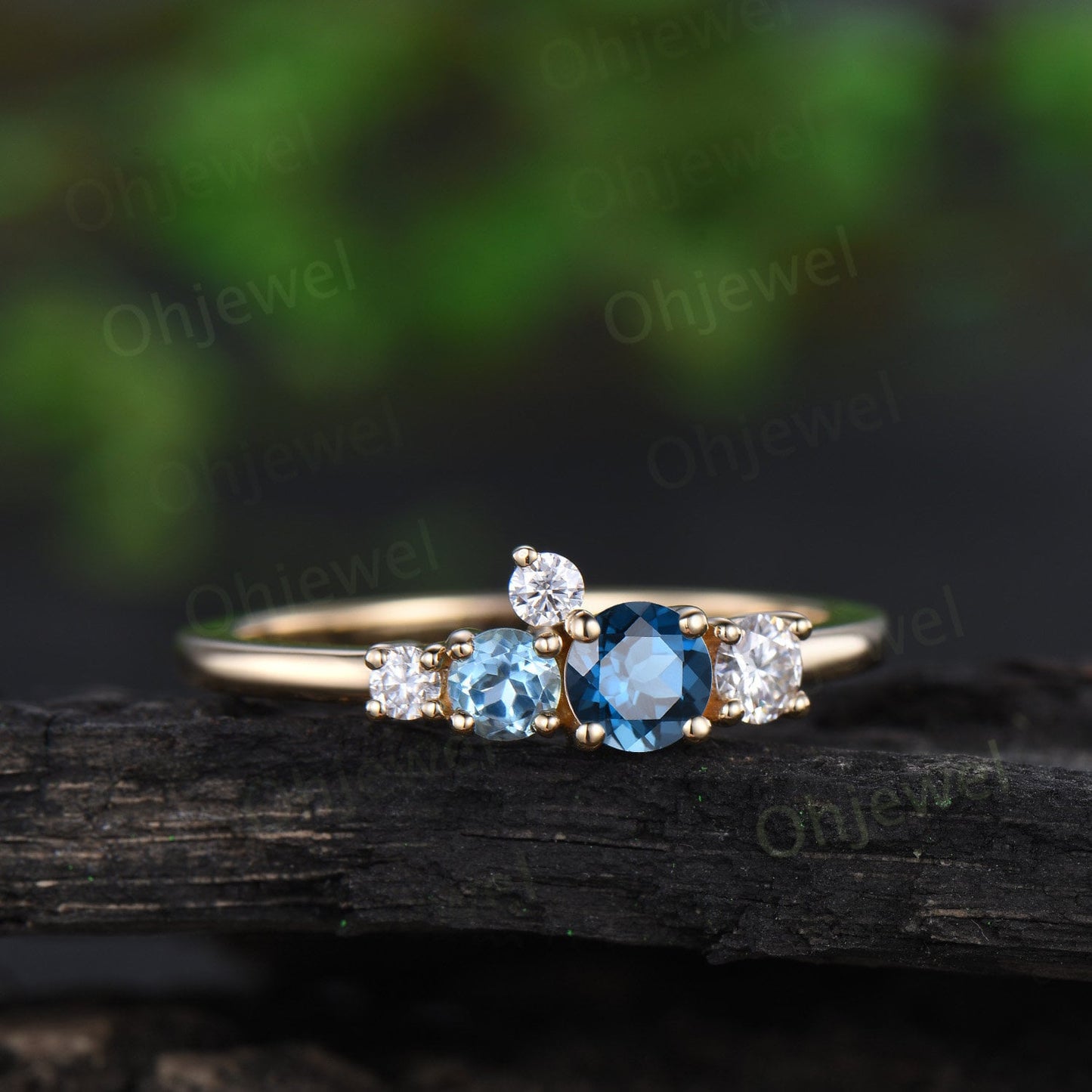 Dainty round London blue topaz ring yellow gold five stone cluster Swiss blue topaz moissanite ring women blue gemstone wedding ring band