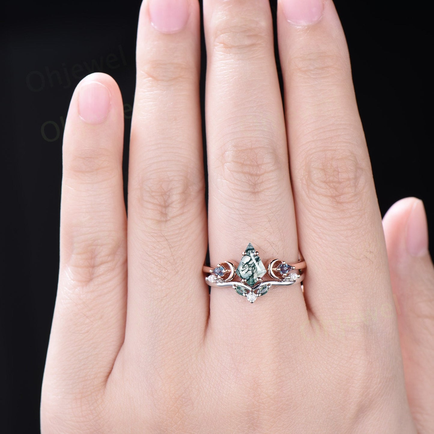 Vintage kite cut moss agate alexandrite engagement ring set rose gold three stone moon stacking bridal wedding ring set women jewelry gift