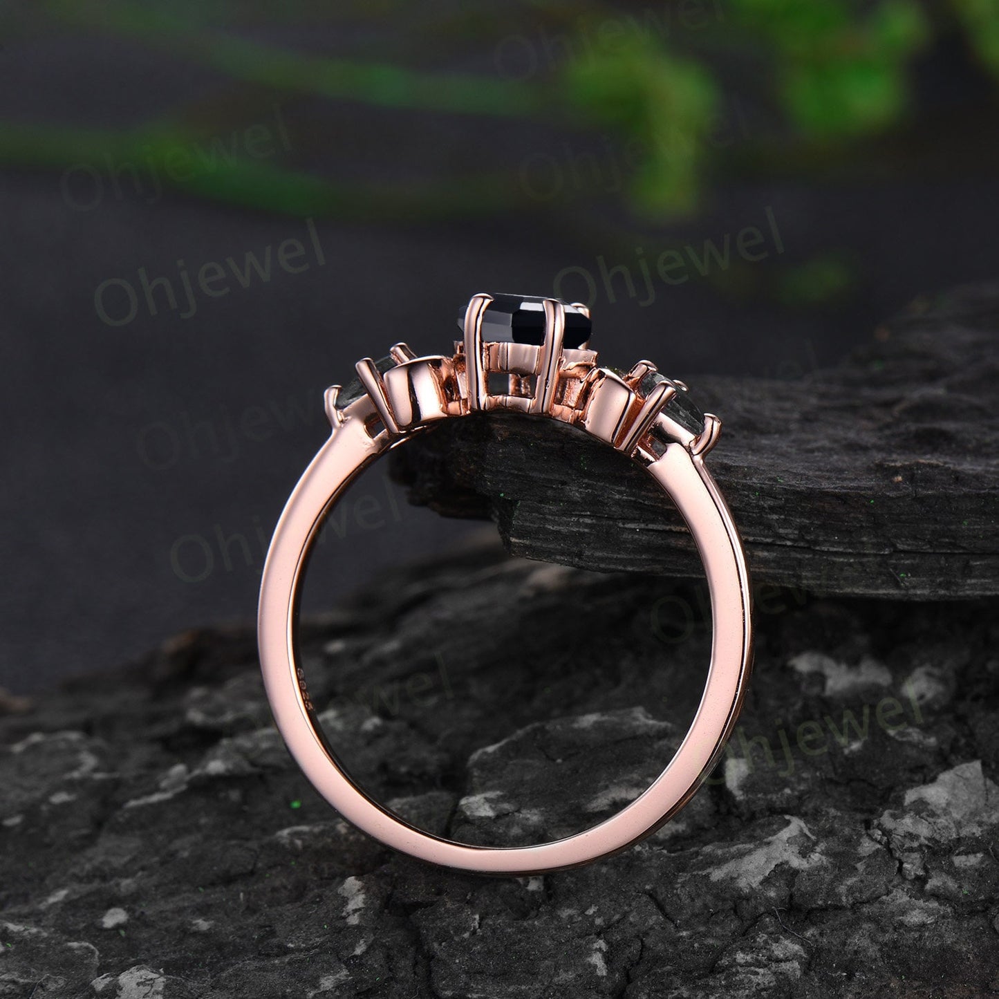 Vintage kite cut black onyx engagement ring set solid 14k rose gold three stone moon stacking bridal wedding ring set women jewelry gift