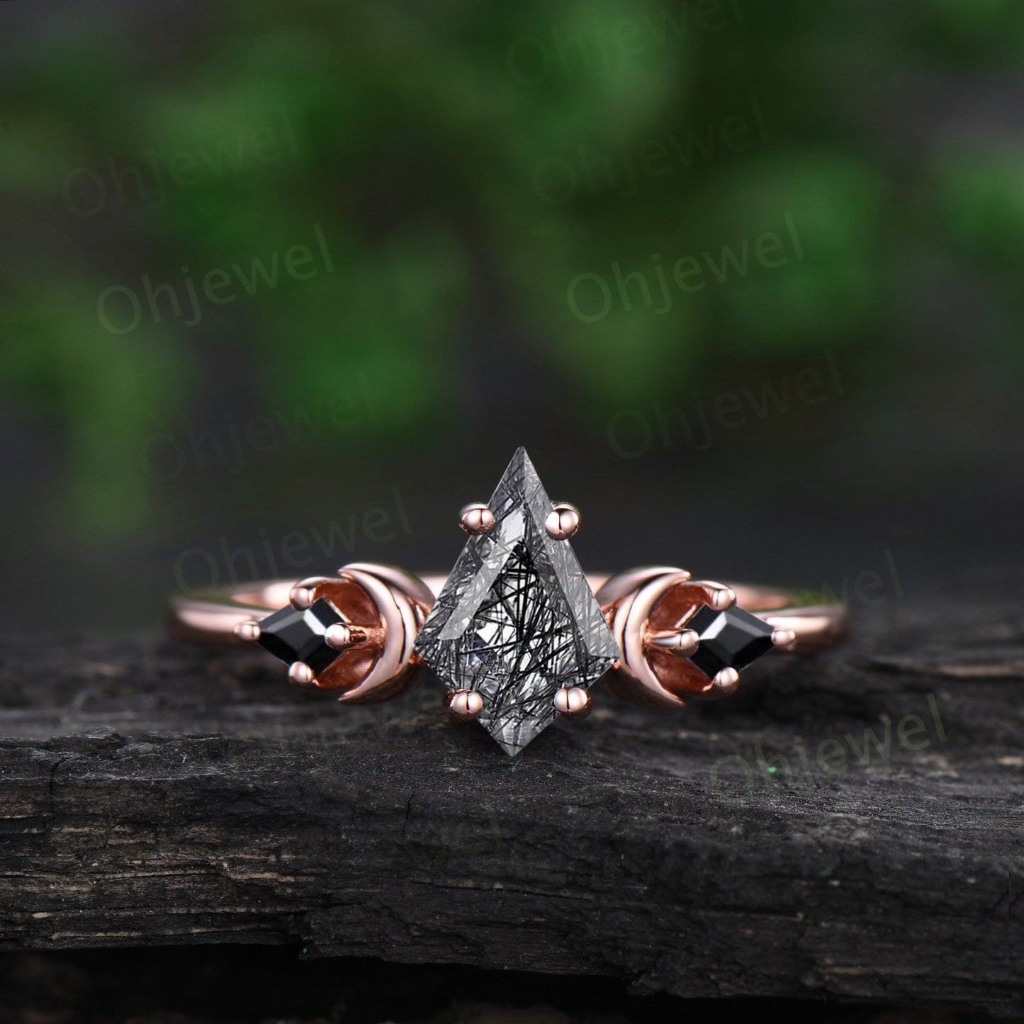 Vintage kite cut black rutilated quartz engagement ring set solid 14k rose gold three stone moon stacking bridal wedding ring set women gift