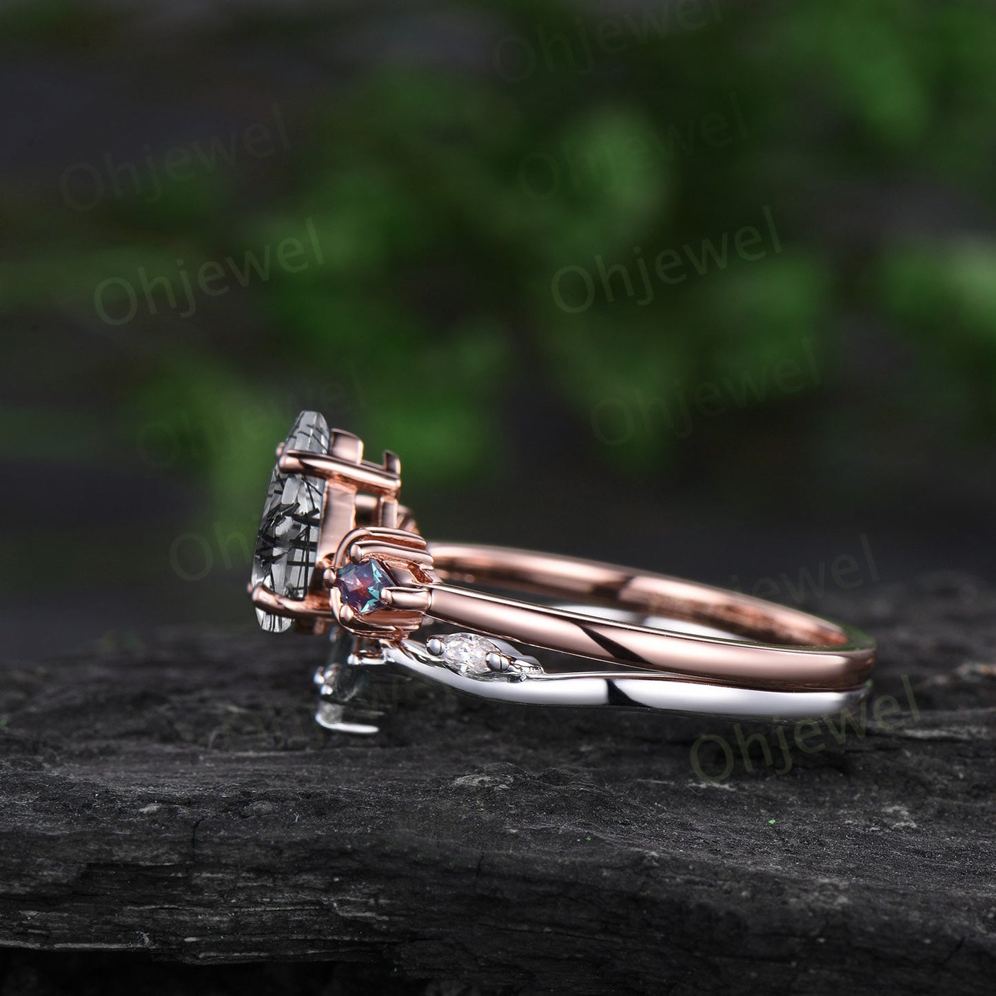 Vintage kite cut black rutilated quartz engagement ring set solid 14k rose gold three stone moon stacking bridal wedding ring set women gift