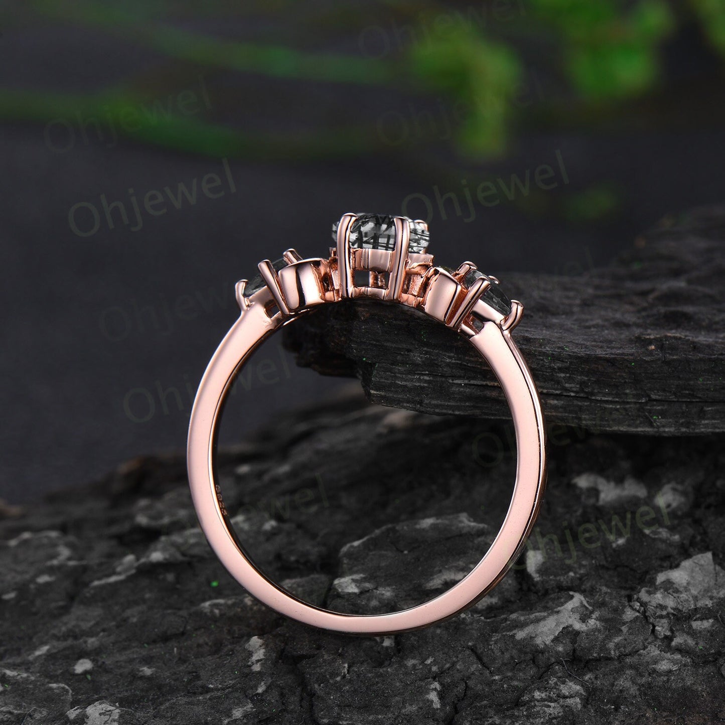 Vintage kite cut black rutilated quartz engagement ring set solid 14k rose gold three stone moon stacking bridal wedding ring set women gift