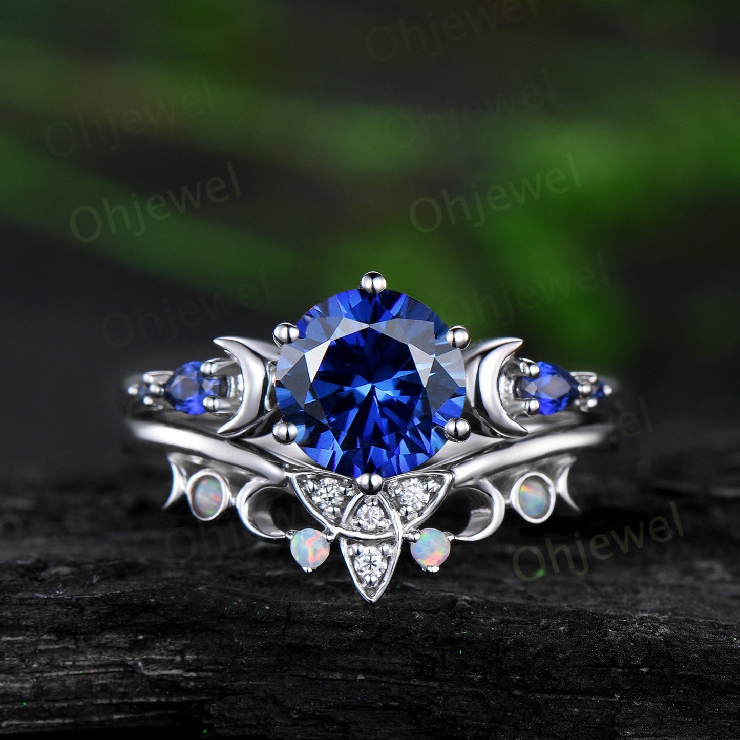Vintage round cut blue sapphire engagement ring white gold five stone moon celtic knot opal stacking wedding anniversary ring set women