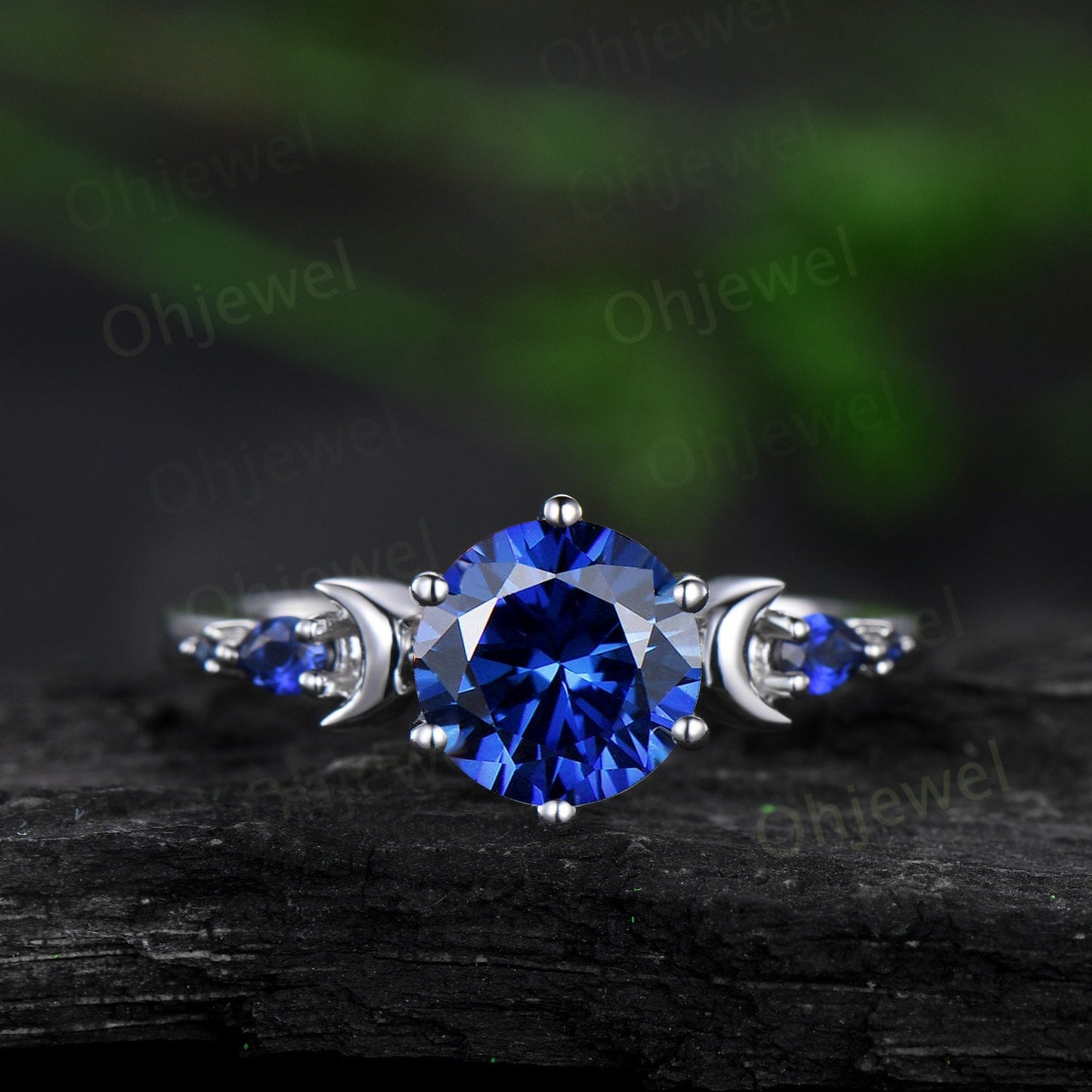 Vintage round cut blue sapphire engagement ring white gold five stone moon celtic knot opal stacking wedding anniversary ring set women