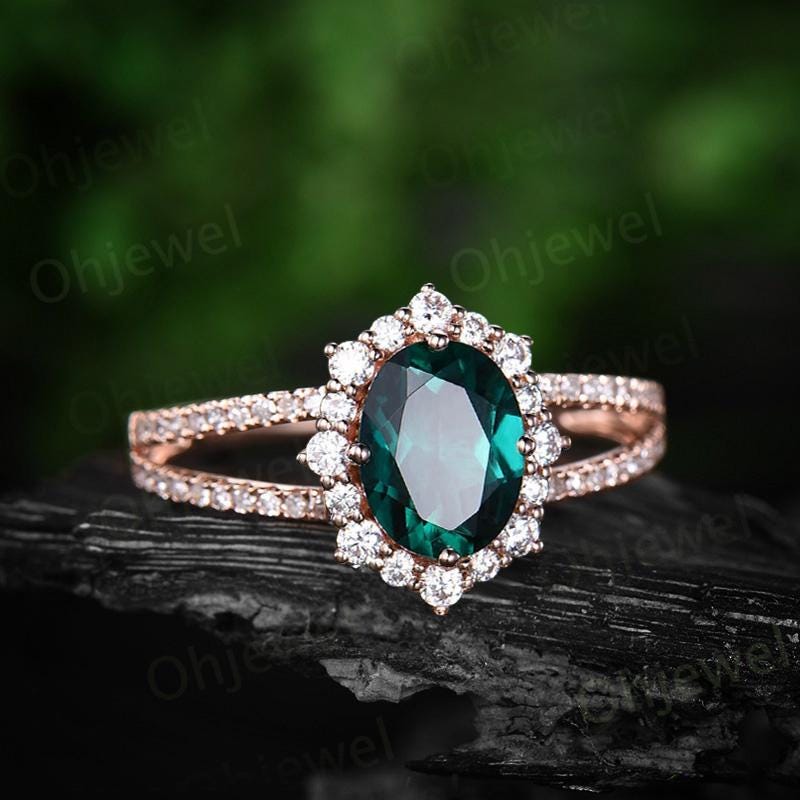 Oval cut green emerald engagement ring vintage halo split shank half eternity diamond ring rose gold unique promise bridal ring jewelry gift
