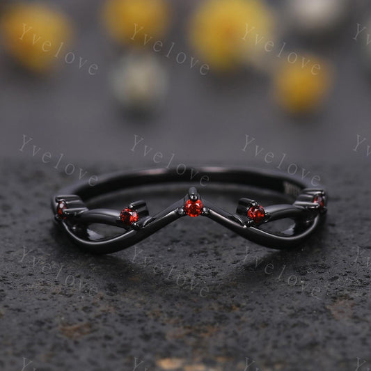Vintage Red Garent Engagement Ring,Twig Stacking Band,Women Garnet Vine Band,Art Deco Curved Branch Wedding Band,Black Gold Silver Ring Gift