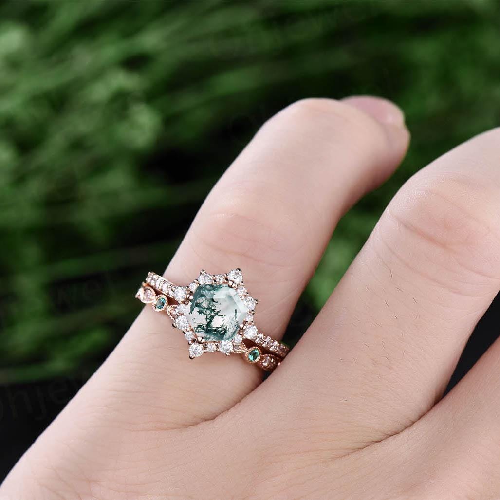 Hexagon cut moss agate engagement ring set half eternity snowdrift halo diamond ring women milgrain alexandrite wedding ring band