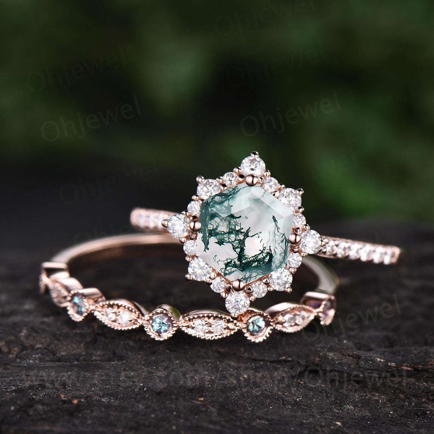 Hexagon cut moss agate engagement ring set half eternity snowdrift halo diamond ring women milgrain alexandrite wedding ring band