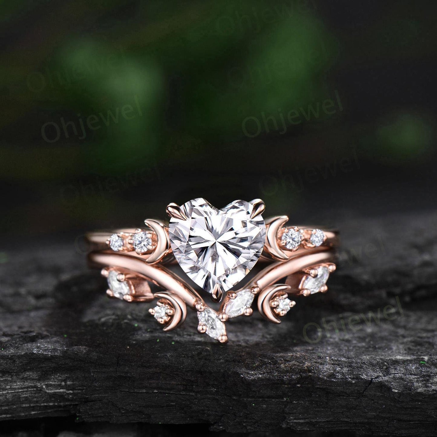 Vintage heart shaped moissanite engagement ring rose gold five stone diamond moon ring set women unique promise anniversary gift jewelry