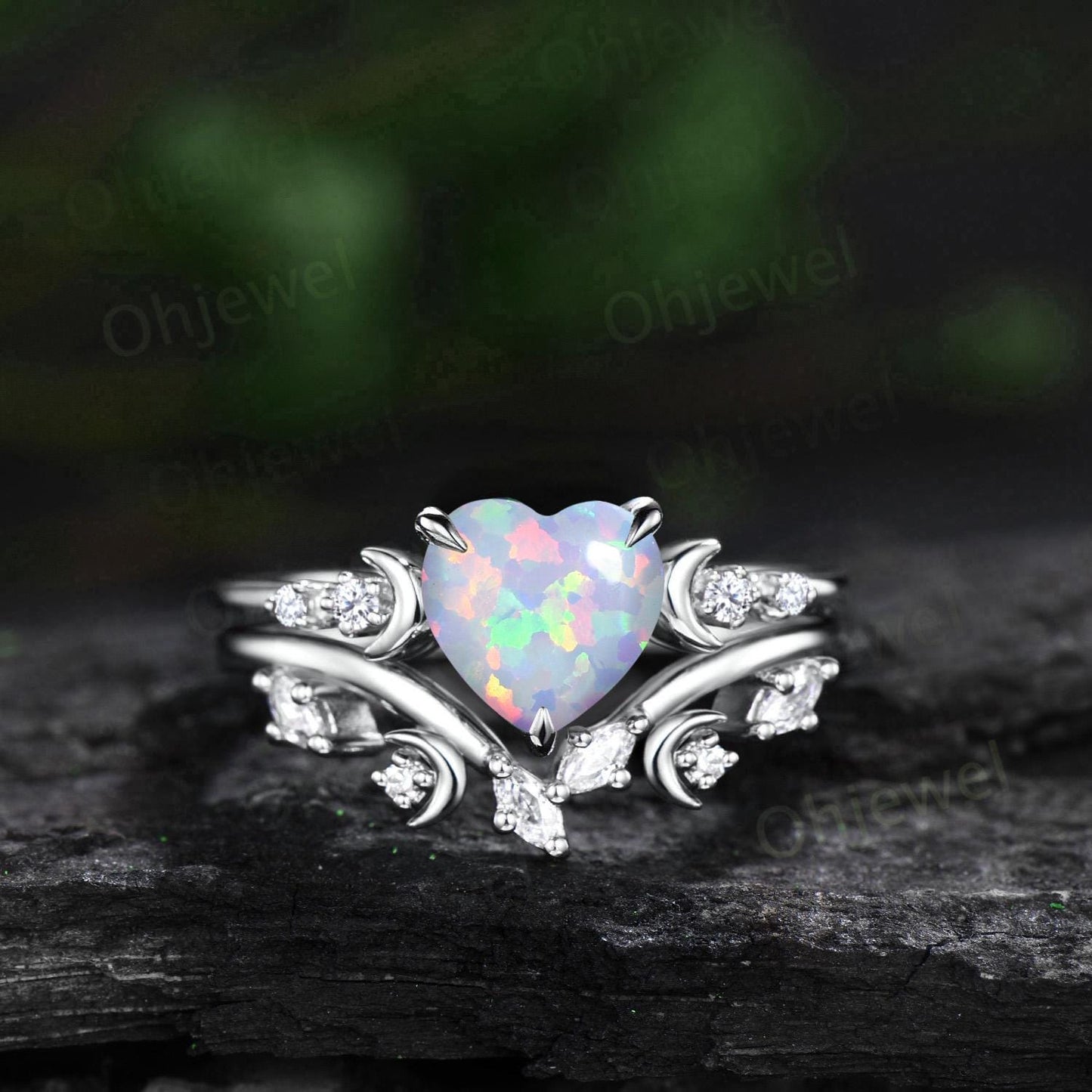 Vintage heart shaped white opal engagement ring rose gold five stone diamond moon ring set women unique promise anniversary gift jewelry
