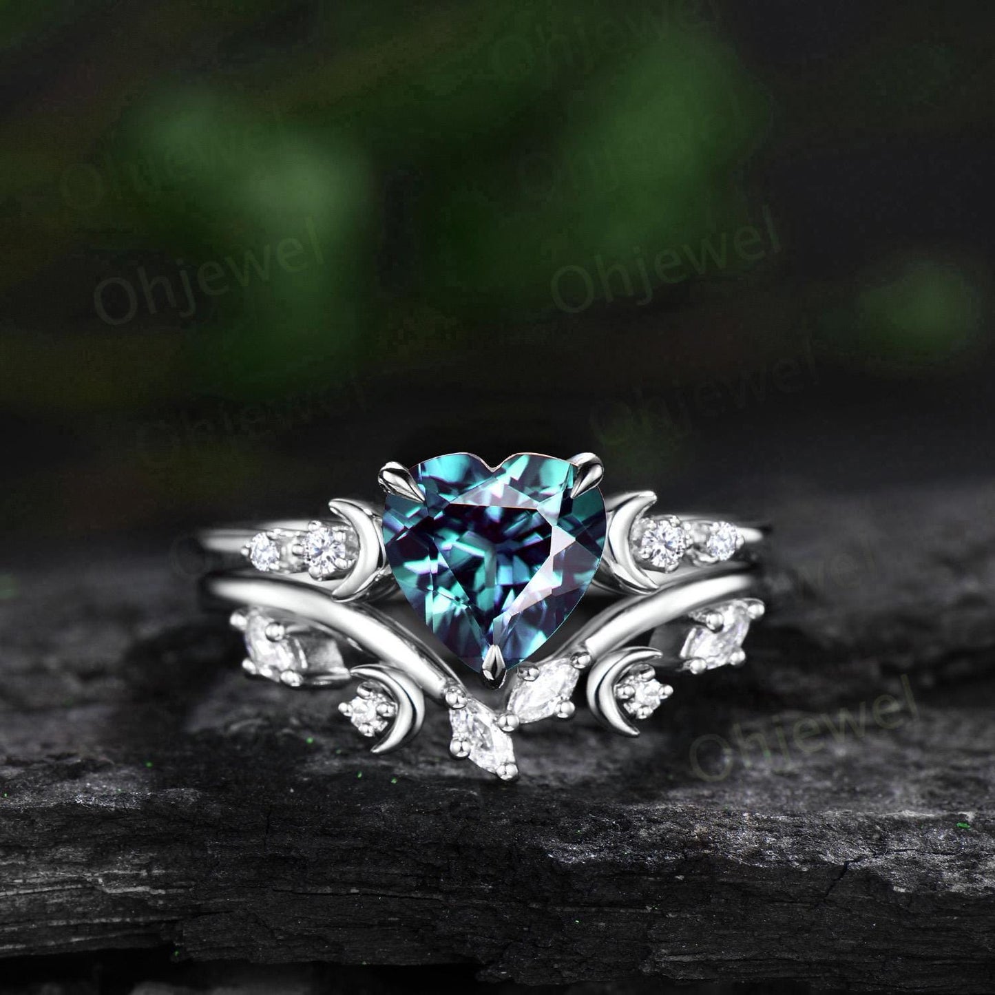 Vintage heart shaped alexandrite engagement ring rose gold five stone diamond moon ring set women unique bridal anniversary gift jewelry