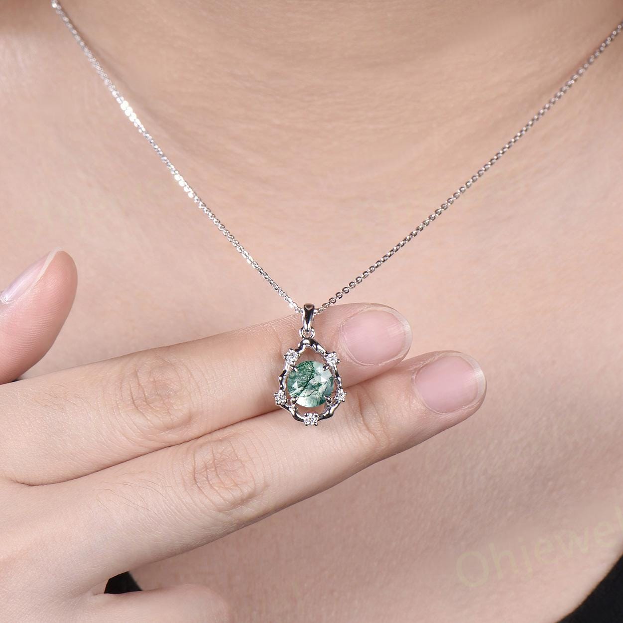 Vintage round cut green moss agate necklace 14k white gold halo twig vine branch art deco diamond Pendant women birthday anniversary gift