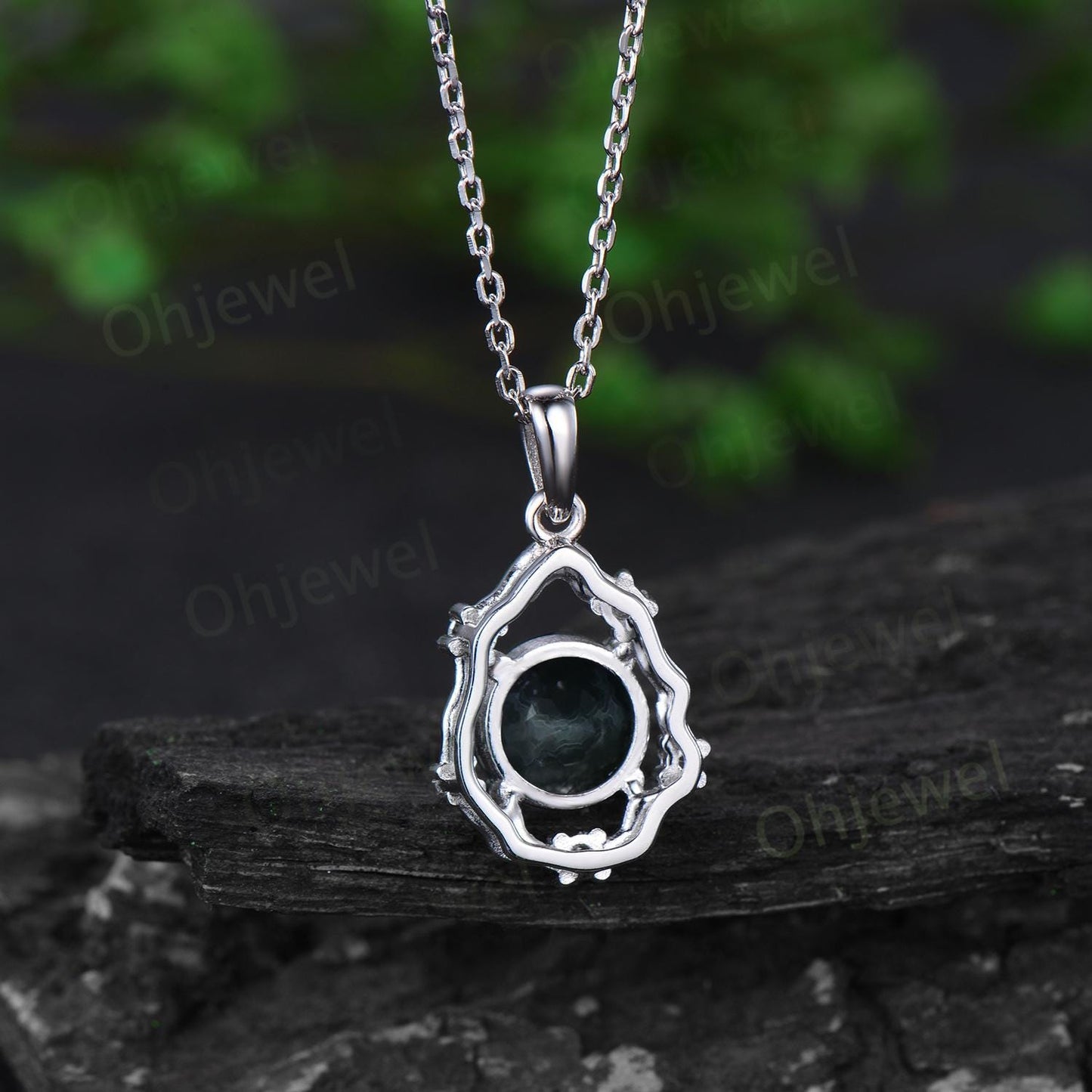 Vintage round cut green moss agate necklace 14k white gold halo twig vine branch art deco diamond Pendant women birthday anniversary gift