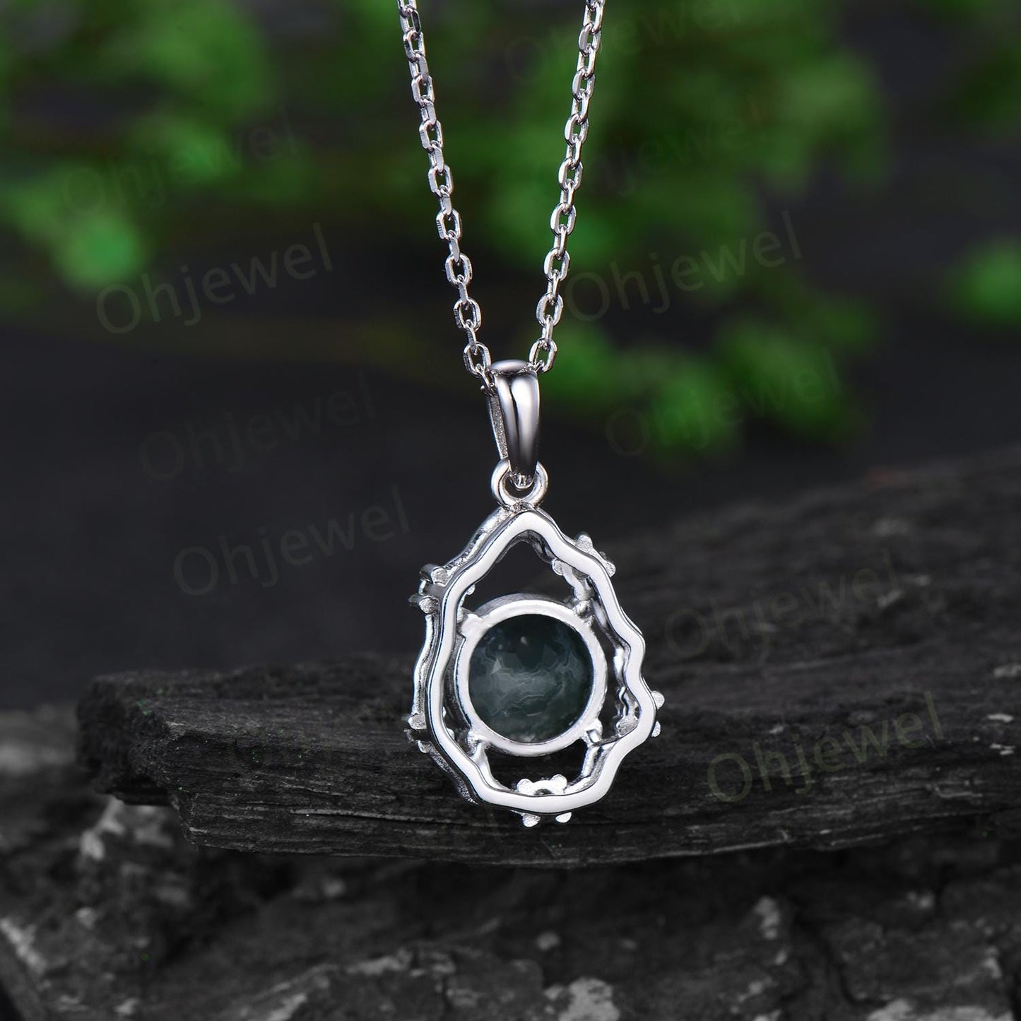 Vintage round cut green moss agate necklace 14k white gold halo twig vine branch art deco diamond Pendant women birthday anniversary gift
