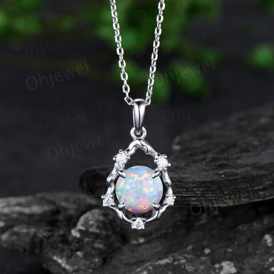 Vintage round opal necklace 14k white gold halo twig vine branch art deco diamond Pendant women birthday anniversary gift