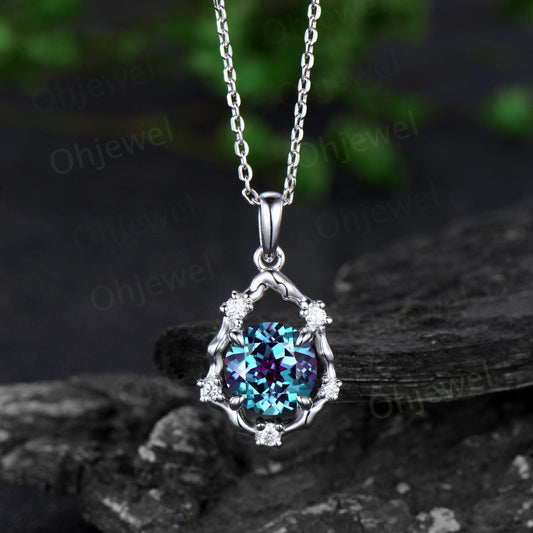 Vintage round cut Alexandrite necklace 14k white gold halo twig vine branch diamond Pendant women color change gemstone anniversary gift