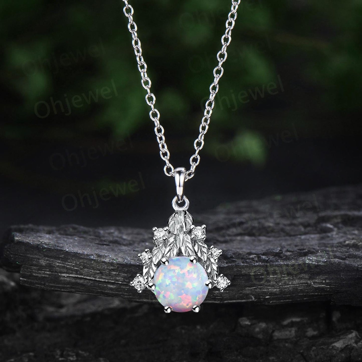 Round white opal necklace leaf cluster diamond antique Pendant women solid 14k rose gold nature inspired unique anniversary gift