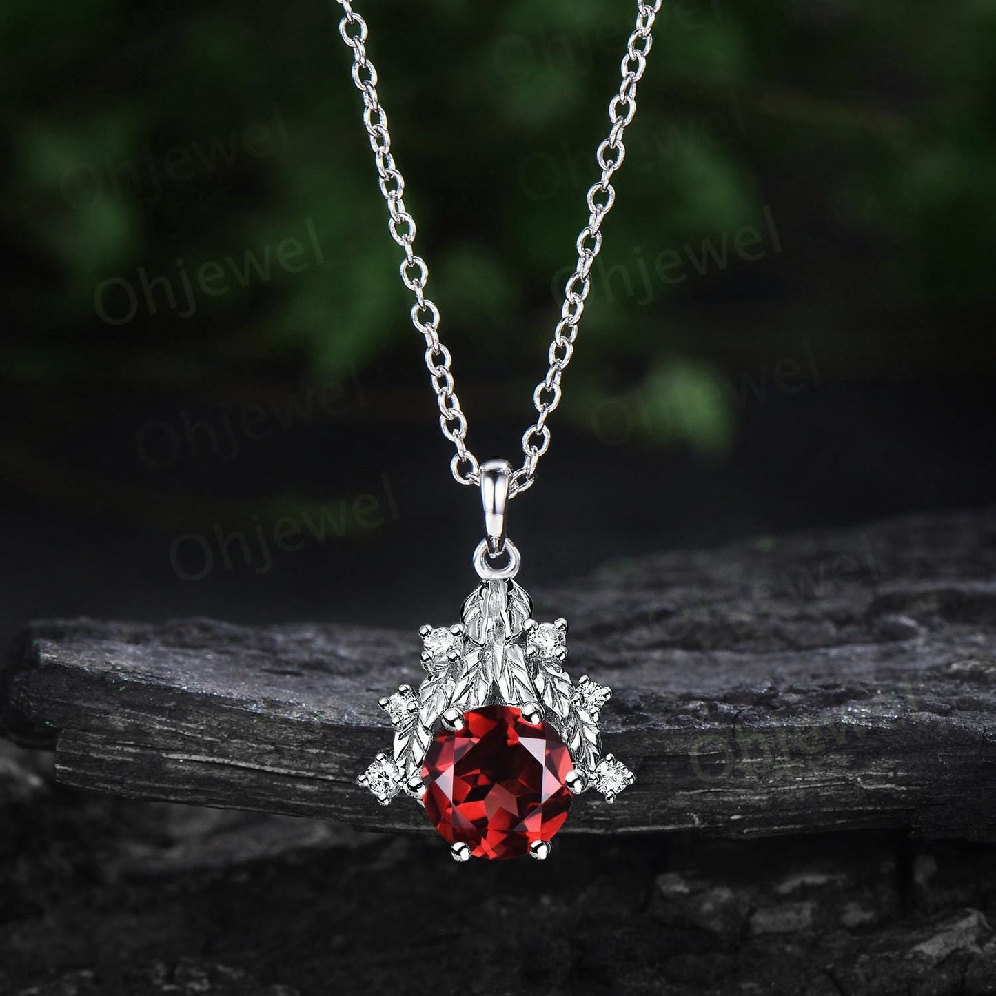 Round cut red garnet necklace leaf cluster diamond antique Pendant women 14k rose gold nature inspired gemstone unique anniversary gift