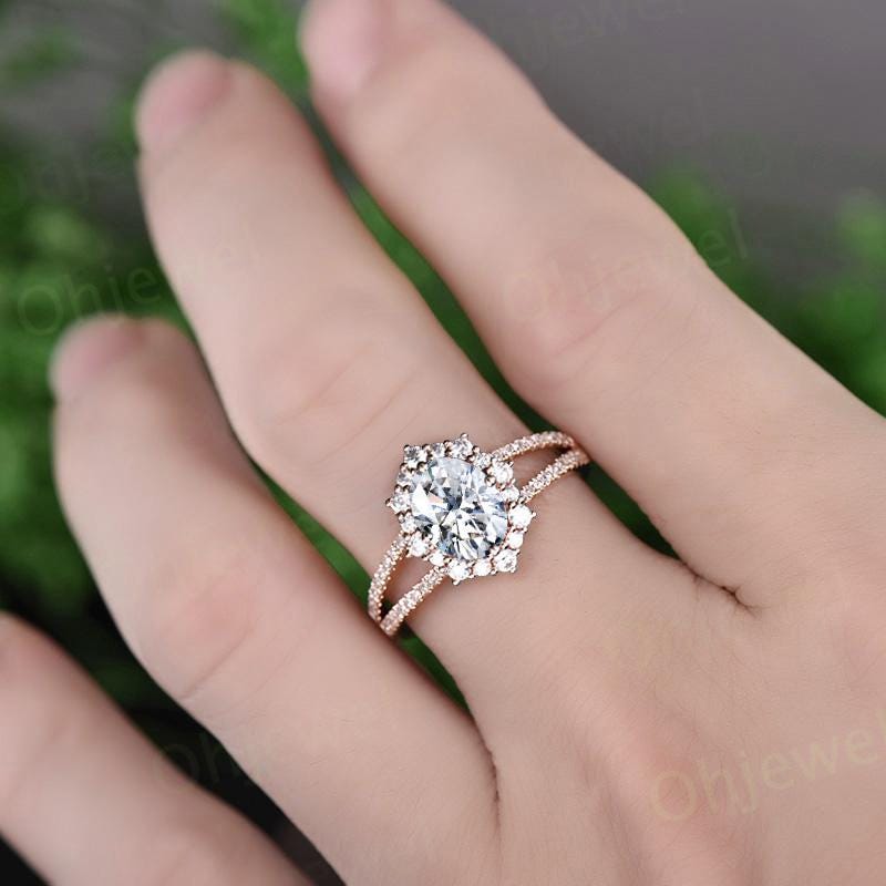 Oval cut moissanite engagement ring vintage halo split shank half eternity diamond ring rose gold unique promise bridal ring jewelry gift