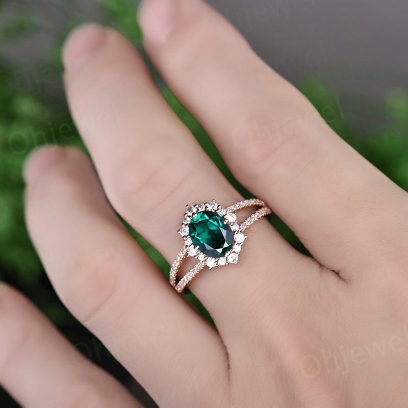 Oval cut green emerald engagement ring vintage halo split shank half eternity diamond ring rose gold unique promise bridal ring jewelry gift