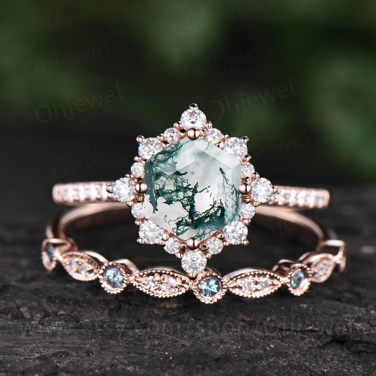 Hexagon cut moss agate engagement ring set half eternity snowdrift halo diamond ring women milgrain alexandrite wedding ring band