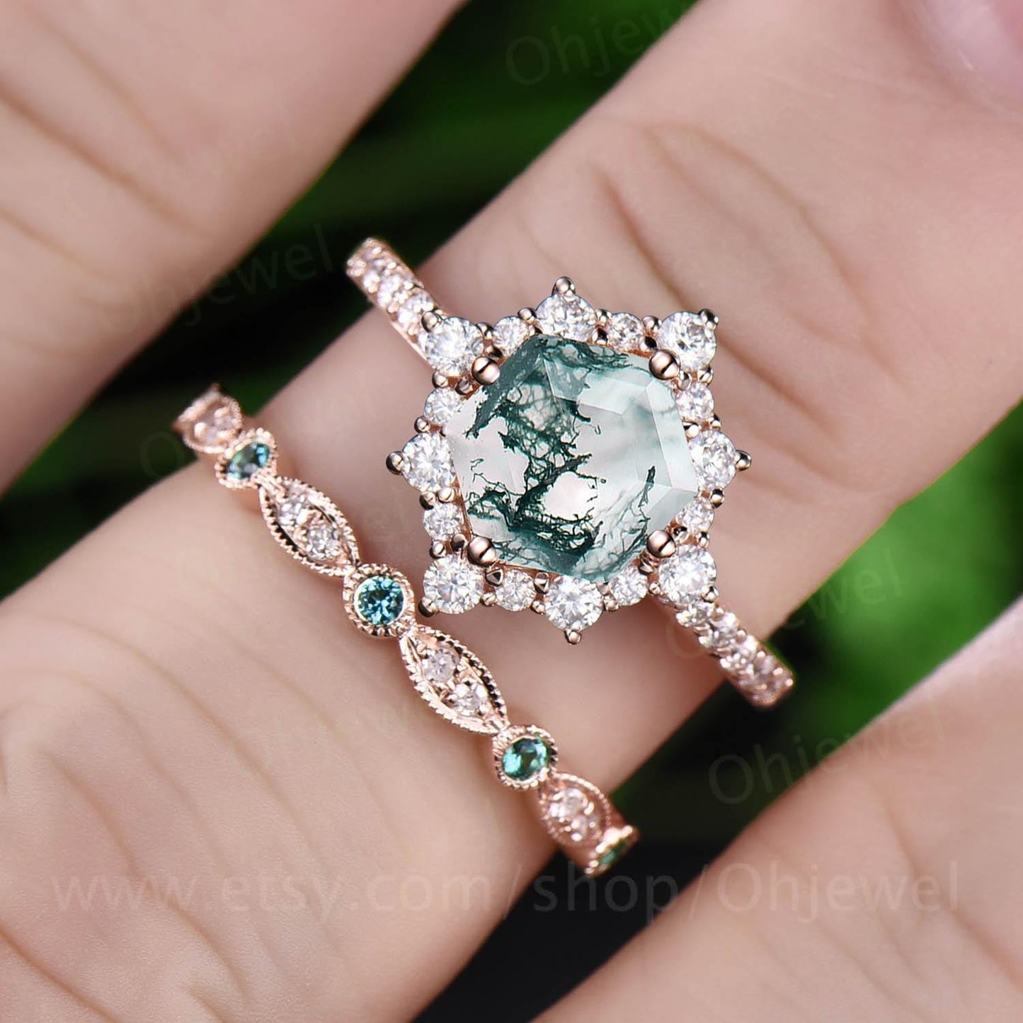 Hexagon cut moss agate engagement ring set half eternity snowdrift halo diamond ring women milgrain alexandrite wedding ring band