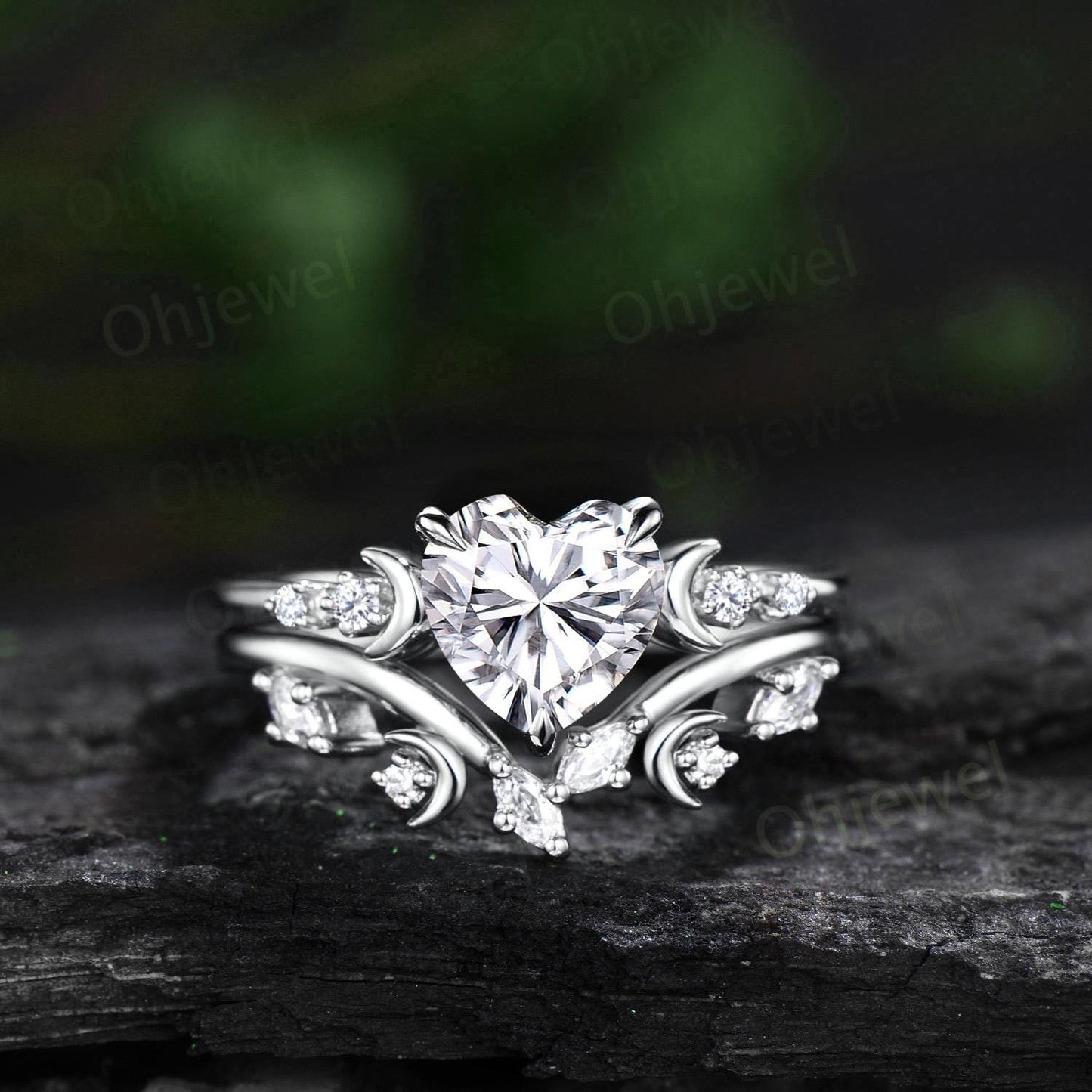 Vintage heart shaped moissanite engagement ring rose gold five stone diamond moon ring set women unique promise anniversary gift jewelry