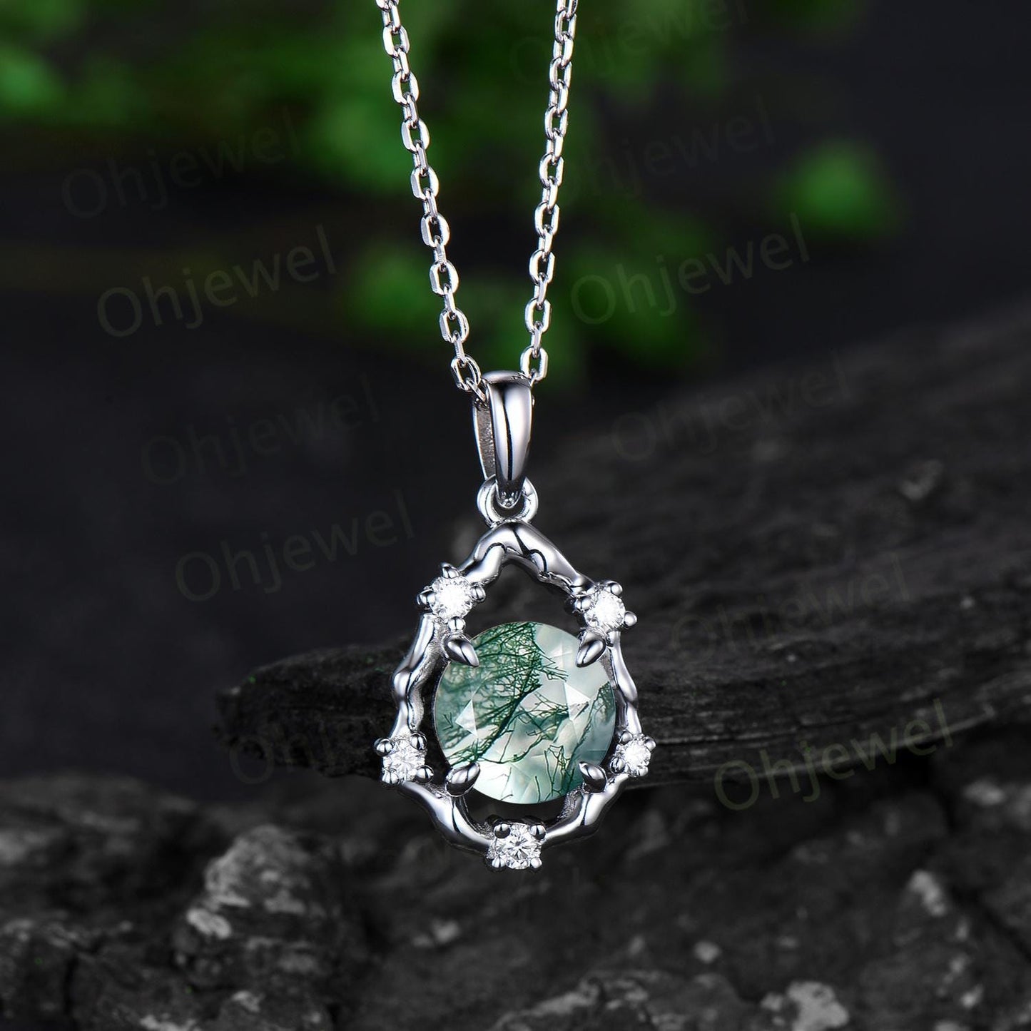 Vintage round cut green moss agate necklace 14k white gold halo twig vine branch art deco diamond Pendant women birthday anniversary gift